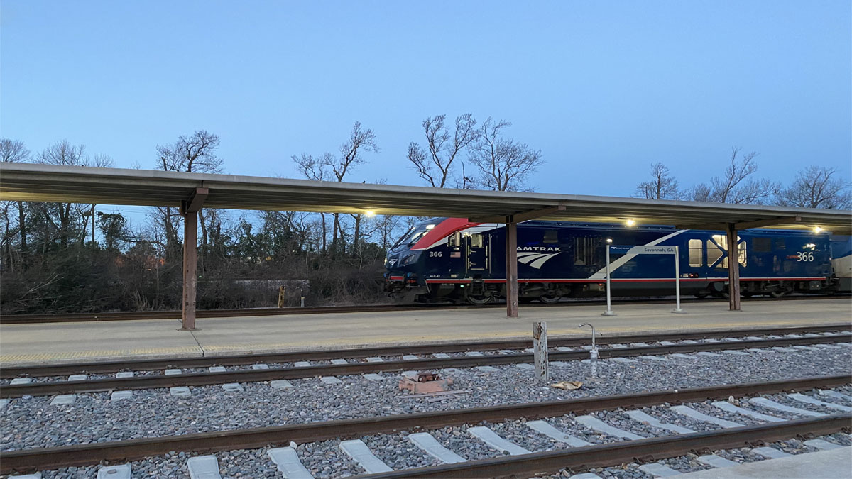 Amtrak train arriving at the train station